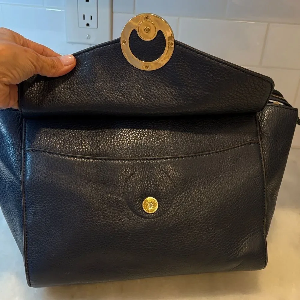 Michael Kors Bag Purse Handbag Leather Navy Hudson Medallion Flap Satchel Bag